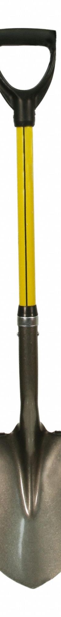 NUPLA Round Point Shovel: Steel Blade, 14 ga, D-Grip Handle Type, Fiberglass Handle, 30 in Handle Lg (MPN 75.69-230). Key specifications — Blade Color: Black; Handle Color: Yellow; Blade Material: Steel.