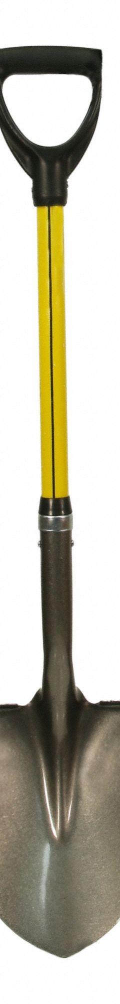 NUPLA Round Point Shovel: Steel Blade, 14 ga, D-Grip Handle Type, Fiberglass Handle, 30 in Handle Lg (MPN 75.69-230). Key specifications — Blade Color: Black; Handle Color: Yellow; Blade Material: Steel.