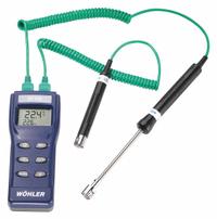 WOHLER Thermocouple Thermometer: -328°F to 1,202°F, For Type K Thermocouple Type, -328°F to 2,498°F (MPN 6622). Key specifications — Testing Functions: Min/Max Temperature; Accuracy: ±0.3 % + 0.7 °F (Type K @ -200 to 2,500 °F); Brand: WOHLER.