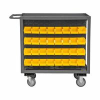 DURHAM MFG Bin Cart: 1,200 lb, 64 Bins/Tubs, 2 Shelves, Gray, 5 in L x 4 in W x 3 in H, Yellow (MPN RSC-2436-BLP-64-210-95). Key specifications — Color: Gray; Caster/Wheel Configuration: (2) Rigid; Bin Color: Yellow; Brand: DURHAM MFG.