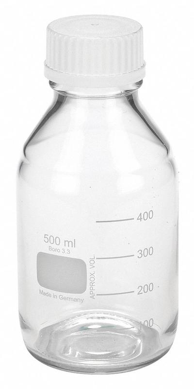 WHEATON Media Bottle: 500 mL, Screw-On, 45 mm, 186 mm, Colorless, Closure Included - Glass Lab Media Bottles