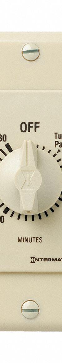 INTERMATIC Spring-Wound Timer: 30 min Max, SPST, 120/277V AC, No Wall Plate Included, Ivory (MPN FD30MC). Key specifications — Brand: INTERMATIC; Includes Hold: No Hold Included.