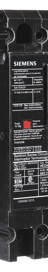 SIEMENS Molded Case Circuit Breaker: 20 A Amps, 42kA at 480V AC, Fixed, Load Side Lug, ABC, HED4 (MPN HED43B020). Key specifications — Phase Connection: ABC; Instantaneous Trip: Fixed; Terminal Connection: Load Side Lug; Series: HED4; Max. AIR Rating: 42kA at 480V AC.