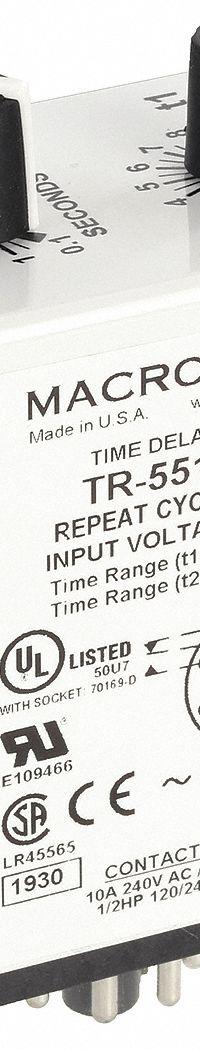 MACROMATIC Single Function Time Delay Relay: Socket Mounted, 12V DC, 10 A, 8 Pins/Terminals (MPN TR-55126-05). Key specifications — Brand: MACROMATIC.