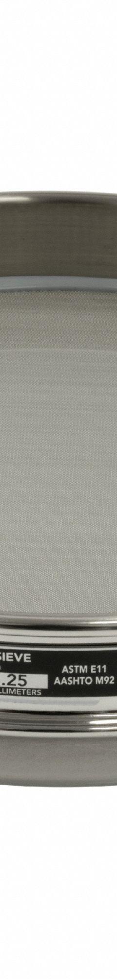 HUMBOLDT Standard Stainless Steel Cloth Test Sieve: Stainless Steel, 8 in Outside Dia, 1 in Ht (MPN 5FWT3). Key specifications — Screen Material: Stainless Steel; Brand: HUMBOLDT; Frame Material: Stainless Steel; Standards: AASHTO M92; US Standard Screen Size: #60.