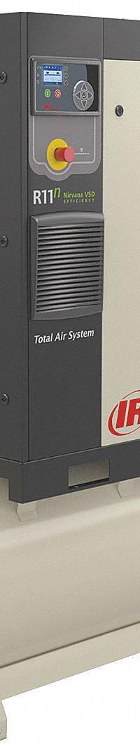 INGERSOLL RAND Rotary Screw Air Compressor: Horizontal, 5 hp, 14.3 cfm, 80 gal Tank, 460V AC (MPN R4I-A135-TAS/80-460-3). Key specifications — attr48606: Three; attr48593: 460V AC; attr48578: INGERSOLL RAND; attr110305: Included.
