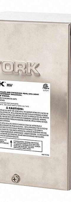 TORK Pool Light Transformer: 300 W Max Power Consumption, 120V AC, 12V AC/13V AC/14V AC, Silver (MPN TPX300S). Key specifications — Color: Silver; Brand: TORK; Enclosure Material: Stainless Steel; Input Voltage: 120V AC; Output Voltage: 14V AC.