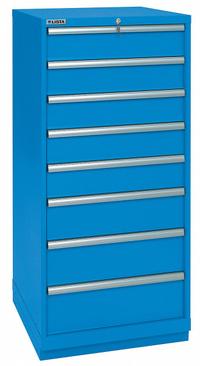 LISTA Modular Drawer Cabinet: 28 1/4 in x 28 1/2 in x 57 1/8 in, 8 Drawers, 81 Compartments, Steel (MPN SC13-0801A-FTKABB). Key specifications — Drawer Inside Height: (5) 5.12 in; Drawer Access: Single; Base Type: Frame; Number of Compartments per Drawer: (5) 18; Brand: LISTA; Cabinet Color: Bright Blue.