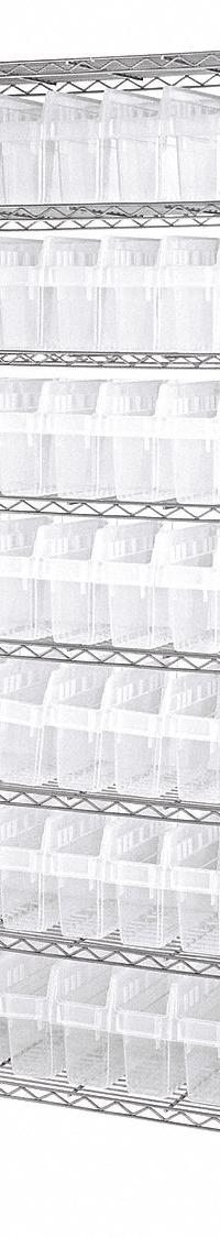QUANTUM STORAGE SYSTEMS Bin Shelving: 18 in x 36 in x 74 in, 1 Sided, 56 Bins, Open, Shelf Bin (MPN WR8-803CL). Key specifications — Includes Bins: Yes; Bin Material: Polypropylene; Frame Color: Silver; Bin HxWxD: (56) 8 in x 4-3/8 in x 17-7/8 in; Frame Material: Steel; Bin Color: Clear; Bin Style: Shelf; Brand: QUANTUM STORAGE SYSTEMS.