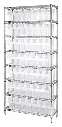 QUANTUM STORAGE SYSTEMS Bin Shelving: 18 in x 36 in x 74 in, 1 Sided, 56 Bins, Open, Shelf Bin (MPN WR8-803CL). Key specifications — Includes Bins: Yes; Bin Material: Polypropylene; Frame Color: Silver; Bin HxWxD: (56) 8 in x 4-3/8 in x 17-7/8 in; Frame Material: Steel; Bin Color: Clear; Bin Style: Shelf; Brand: QUANTUM STORAGE SYSTEMS.