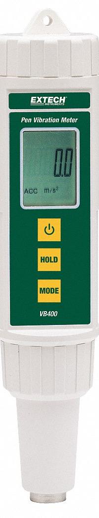 EXTECH Vibration Meter: Vibration, 10 Hz to 1 kHz, 7.87 in/sec Max Velocity Measured, LCD (MPN VB400). Key specifications — Brand: EXTECH; Accuracy: +/-5% of Reading + 2 Digits; Includes: Magnetic Base; Digital Display Screen Type: LCD; Frequency Ranges: 10 Hz to 1 kHz; Certificate of Calibration: Not Included.