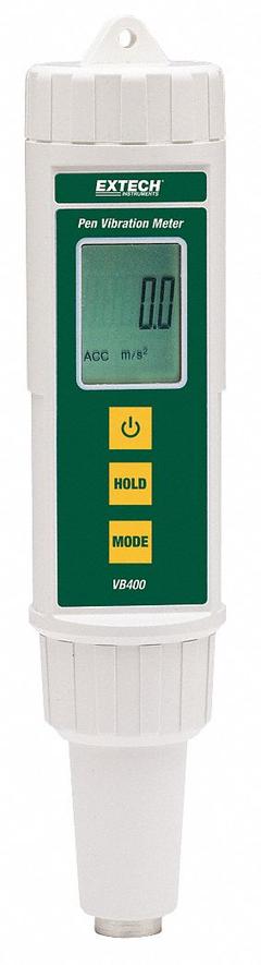 EXTECH Vibration Meter: Vibration, 10 Hz to 1 kHz, 7.87 in/sec Max Velocity Measured, LCD (MPN VB400). Key specifications — Brand: EXTECH; Accuracy: +/-5% of Reading + 2 Digits; Includes: Magnetic Base; Digital Display Screen Type: LCD; Frequency Ranges: 10 Hz to 1 kHz; Certificate of Calibration: Not Included.