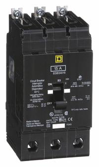 SQUARE D Miniature Circuit Breaker: 15 A, 277/480V AC, Three Phase, 35kA at 277/488V AC, 3 Poles (MPN EGB34015). Key specifications — Phase: Three; Amps: 15 A; AC Voltage Rating: 277/480V AC; Max. AIR Rating: 35kA at 277/488V AC; For Use With: Square D NF Panelboards; Brand: SQUARE D.