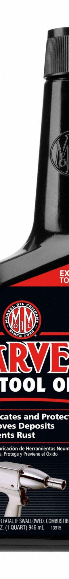 MARVEL MYSTERY OIL Air Tool Oil: Petroleum, -40°F Min. Op Temp., 250°F Max. Op Temp., Not Food Grade (MPN MM85R1). Key specifications — attr1321222: Petroleum; attr1321226: 5W-30; attr1321244: MARVEL MYSTERY OIL; attr1321245: Bottle.