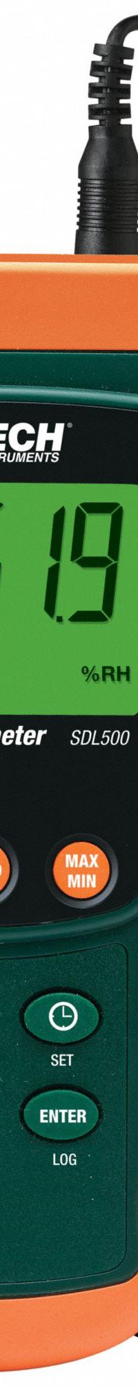 EXTECH Temperature Humidity Meter: Cabled, Ambient Temp/Dew Point/Relative Humidity/Wet Bulb Temp (MPN SDL500). Key specifications — Brand: EXTECH; Calibration Certificate: Not Included.