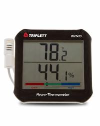 TRIPLETT Hygro Thermometer: 0%to 99% Humidity Range, Humidity/Temp, Cabled Sensor (MPN RHT415-NIST). Key specifications — Primary Scale: Humidity/Temperature; Secondary Scale: Comfort Level; Display Type: Digital; Brand: TRIPLETT.