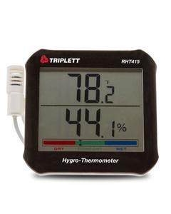 TRIPLETT Hygro Thermometer: 0%to 99% Humidity Range, Humidity/Temp, Cabled Sensor (MPN RHT415-NIST). Key specifications — Primary Scale: Humidity/Temperature; Secondary Scale: Comfort Level; Display Type: Digital; Brand: TRIPLETT.