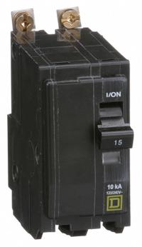 SQUARE D Miniature Circuit Breaker: 15 A, 120/240V AC, Single Phase, 10kA at 120/240V AC, 2 Poles (MPN QOB215). Key specifications — Phase: Single; Amps: 15 A; AC Voltage Rating: 120/240V AC; Max. AIR Rating: 10kA at 120/240V AC; For Use With: Square D NQOD Panelboards; Brand: SQUARE D.
