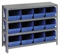 QUANTUM STORAGE SYSTEMS Bin Shelving: 36 in x 18 in x 39 in, 1 Sided, 12 Bins, Open, Shelf Bin, Blue (MPN 1839-SB808BL). Key specifications — Includes Bins: Yes; Bin Material: Polypropylene; Frame Color: Gray; Bin HxWxD: (12) 8 in x 8-3/8 in x 17-7⁄8 in; Frame Material: Steel; Bin Color: Blue; Bin Style: Shelf; Brand: QUANTUM STORAGE SYSTEMS.