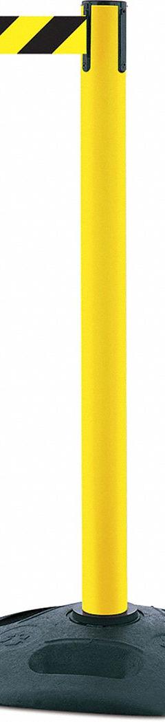 TENSABARRIER Barrier Post with Belt: Black/Yellow, Chevron, No Legend, 7 1/2 ft Belt Lg, Yellow (MPN 886-35-STD-NO-D4X-C). Key specifications — Base Material: Rubber; Belt Color: Black/Yellow; Brand: TENSABARRIER; Post Material: Plastic; Post Color: Yellow; Message: No Legend.