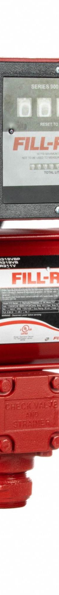 FILL-RITE Electric Drum Pump: 35 gpm Max. Flow Rate, 230 V AC, 3/4 hp HP, Cast Iron, Auto, Auto (MPN FR311VLB). Key specifications — Meter Unit Of Measure: Liters; Brand: FILL-RITE; Rated Voltage: 230 V AC; Discharge Hose Size: 1-3/8" x 18'; Nozzle Type: Automatic.
