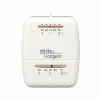 EMERSON Low Voltage Thermostat: Heat Only, RH/W, No Fan Setting, On, On/No Fan Setting, Vertical (MPN 01C20 102S1). Key specifications — Application: Heat Only; Temperature Differential: 2°F Heating, 4°F Cooling; Voltage: 30V AC; Terminal Designations: W; System Settings: On; Temperature Control Range: 50° to 90°F; Shape: Rectangle; Brand: EMERSON.