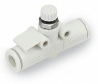 SMC Speed Control Valve: In-Line Fitting, Hex Screw, 1/8 in Valve Body Size, 6 mm Tube, Meter In (MPN AS2002F-06). Key specifications — attr947203: Brass/PBT; attr947205: SMC.