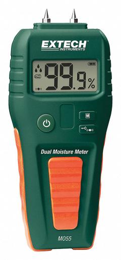 EXTECH Moisture Meter: Digital, LCD, Pin/Pinless, (2) Pins, ±3% Moisture Content Accuracy (MPN MO55). Key specifications — attr999354: Digital; attr1009284: Impact Pin; attr1009272: Built-In Material Library; attr999350: LCD; attr999383: ±3%; attr999345: EXTECH.