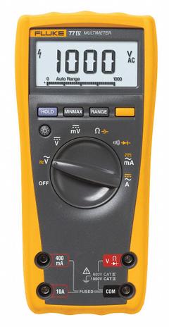 FLUKE Digital Multimeter: Avg, CAT IV 600V, 1,000 V Max AC Volt Measurement, 6,000 Instrument Counts (MPN FLUKE-77-4/CWG). Key specifications — Instrument Counts: 6,000; Brand: FLUKE; Calibration Certificate Included: Included.
