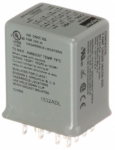 Dayton Hermetically Sealed Relay: Socket Mounted, 3 A Current Rating, 12V DC, 4PDT - Socket-Mounted Relays