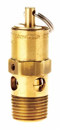 CONRADER Safety Valve: Hard Seat, 3/8 in (M)NPT Inlet (In.), 1/4 in (F)NPT Outlet (In.), Brass (MPN SRH250-3/8-CE-200). Key specifications — attr291993: Hard Seat; attr291998: Brass; attr292007: Stainless Steel; attr292009: Brass; attr294753: CONRADER.