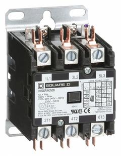SQUARE D Definite Purpose Magnetic Contactor: 3 Poles, 208-240V AC, 40 A, Non-Reversing (MPN 8910DPA43V09). Key specifications — Brand: SQUARE D; Coil Voltage: 220/208-240V AC; Contactor Style: HVACR Definite Purpose Contactor; Terminal Connection Type: Box Lugs; Maximum Voltage Rating: 600V AC; Series: 8910 Series Type DPA; Phase: Three; Main Pole Contact Form: 3NO.