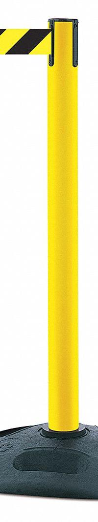 TENSABARRIER Barrier Post with Belt: Black/Yellow, Chevron, No Legend, 13 ft Belt Lg, Yellow (MPN 886-35-MAX-NO-D4X-C). Key specifications — Base Material: Rubber; Belt Color: Black/Yellow; Brand: TENSABARRIER; Post Material: Plastic; Post Color: Yellow; Message: No Legend.