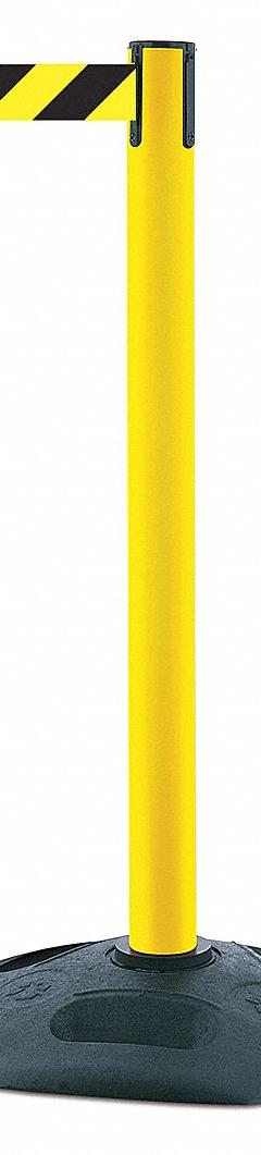 TENSABARRIER Barrier Post with Belt: Black/Yellow, Chevron, No Legend, 13 ft Belt Lg, Yellow (MPN 886-35-MAX-NO-D4X-C). Key specifications — Base Material: Rubber; Belt Color: Black/Yellow; Brand: TENSABARRIER; Post Material: Plastic; Post Color: Yellow; Message: No Legend.