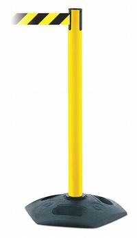 TENSABARRIER Barrier Post with Belt: Black/Yellow, Chevron, No Legend, 13 ft Belt Lg, Yellow (MPN 886-35-MAX-NO-D4X-C). Key specifications — Base Material: Rubber; Belt Color: Black/Yellow; Brand: TENSABARRIER; Post Material: Plastic; Post Color: Yellow; Message: No Legend.