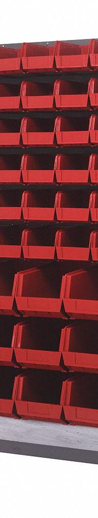 QUANTUM STORAGE SYSTEMS Mobile Louvered Floor Rack: 36 in x 24 in x 72 in, 96 Bins Included, Red (MPN QMD-36H-230240RD). Key specifications — Bin Width: (72) 5-1/2 in; Color: Gray; Caster Wheel/Configuration: (2) Swivel; Caster Wheel/Tread Material: Hard Rubber; Bin Color: Red; Bin Depth: (72) 10-7/8 in; Bin Height: (72) 5 in; Brand: QUANTUM STORAGE SYSTEMS.