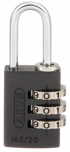 ABUS Combination Padlock: Scrolling Combo, Black, Aluminum, Std Shackle, Steel Shackle (MPN 145/20 Black). Key specifications — Dial Color: Silver; Brand: ABUS.