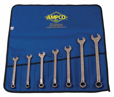 AMPCO Combination Wrench Set: Aluminum Bronze, Natural, 7 Tools - Metric 12-Point, Nonsparking, Combination Wrench Sets