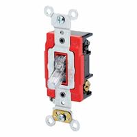 LEVITON Wall Switch: Toggle Switch, 3-Way, Maintained, Clear, 120V AC, 20 A (MPN 1223-PLC). Key specifications — Illuminated: Yes.