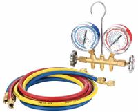 DAYTON Manifold Gauge Set: 2 Valves, 3 Hoses, 3 1/8 in Gauge, For R-22/R-404A/R-407C/R-410A (MPN 4PDG1). Key specifications — Hose Connection Type: SAE; Product Type: Manifold Gauge Set; For Refrigerant Type: R-22; Brand: DAYTON; Includes: Hanging Hook; Gauge Boots: Yes; Sight Glass: Yes.