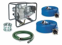 DAYTON Engine Driven Pump: 9 1/2 hp, 4 in NPSM, 4 in NPSM, 410 gpm Flow Rate @ 20 Ft. of Head, Honda (MPN 7AJ16). Key specifications — Volute Material: Cast Iron/Stainless Steel; Ignition Type: Electronic; Brand: DAYTON; Kit Components: (2) 4 in x 50 ft Blue Discharge Hoses.