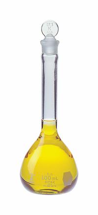 KIMBLE Volumetric Flask: 5 mL, Colorless, Conical, A, +/-0.02 mL, Includes Closure, 88 mm Overall Ht (MPN 28014-5). Key specifications — Shape: Conical; Tolerance: +/-0.02 mL; Body Color: Colorless; Brand: KIMBLE; Compatible with Stopper Size: 9; USP Specification: Type I.