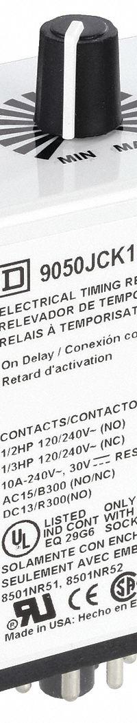 SCHNEIDER Single Function Time Delay Relay: Socket Mounted, 24V AC/DC, 10 A, 8 Pins/Terminals (MPN 9050JCK13V14). Key specifications — Contact Rating (AC): 10 A @ 120/240V; Brand: SCHNEIDER.
