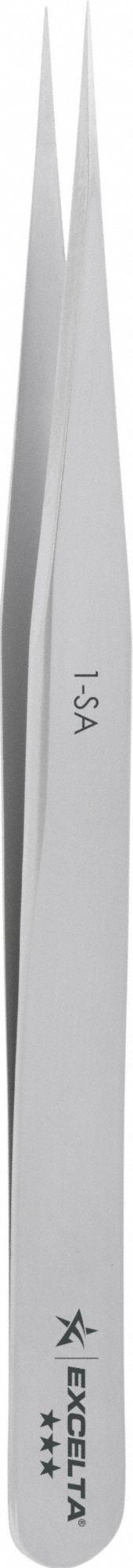 EXCELTA Tweezers: Stainless Steel, Point, Straight Tip, 0.005 in Tip Thick (MPN 1-SA). Key specifications — attr1002355: Stainless Steel; attr1002345: EXCELTA; attr1002348: Stainless Steel; attr1002358: Smooth; attr1024781: Standard.