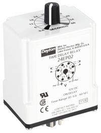 DAYTON Single Function Time Delay Relay: Socket Mounted, 12V DC, 10 A, 8 Pins/Terminals, On Delay (MPN 24EP02). Key specifications — Brand: DAYTON.