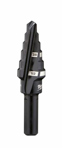 MILWAUKEE Step Drill Bit: 3/8" to 1/2", Black Oxide HSS, 3-Flats Shank (MPN 48-89-9206). Key specifications — attr1234936: Not Impact Rated.