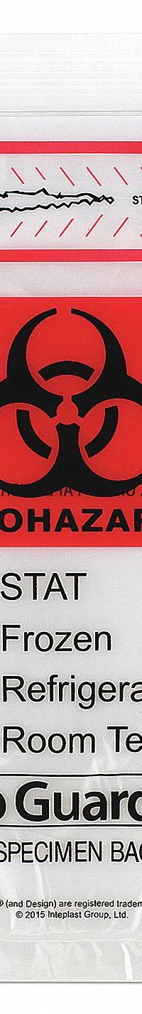 Specimen Transfer Bag: LDPE, Biohazard, 1.75 mil Thick, Clear, 9 in Overall Ht, 49-98, 1,000 PK. Key specifications — Brand: MEDEGEN MEDICAL PRODUCTS; Closure Type: Zipper; Product Type: Specimen Transfer Bag; Manufacturer Part Number: 49-98; Color: Clear; Display Sell UOM: PK; Legend: Biohazard.