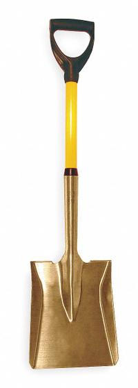 AMPCO Square Point Non-Sparking Shovel: Aluminum-Bronze Alloy Blade, D-Grip Handle Type (MPN S-84FG). Key specifications — Blade Color: Gold; Handle Color: Yellow; Blade Material: Aluminum-Bronze Alloy.