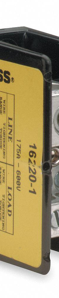 BUSSMANN Power Distribution Block: Open, Lug, Lug, 14 AWG – 2/0 AWG For Line Side Wire Sizes (MPN 16220-1). Key specifications — attr1361688: Surface; attr1308686: BUSSMANN; attr1361672: Aluminum.