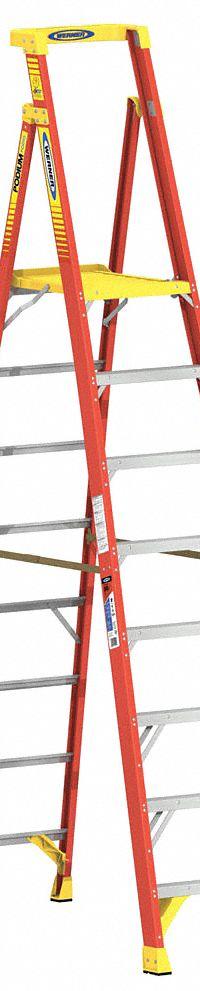 WERNER Podium Stepladder: 10 ft Ladder Size, Fiberglass, 300 lb Load Capacity, 45 lb Wt (MPN PD6208). Key specifications — Brand: WERNER; Included Features: Guard Rail.